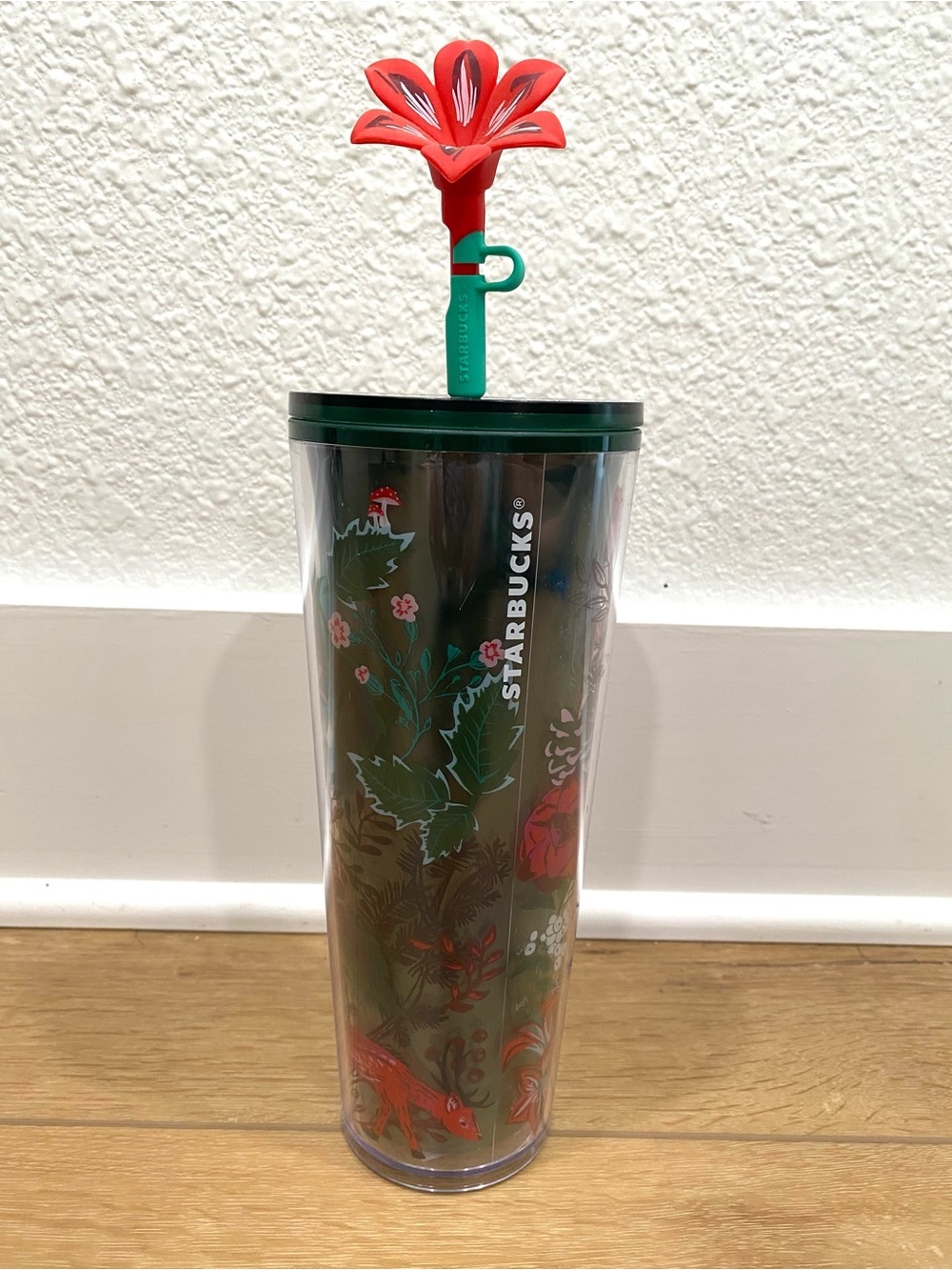 Starbucks Holiday Botanical Woodland Floral 24oz Cold Cup w/ Flower Straw Topper